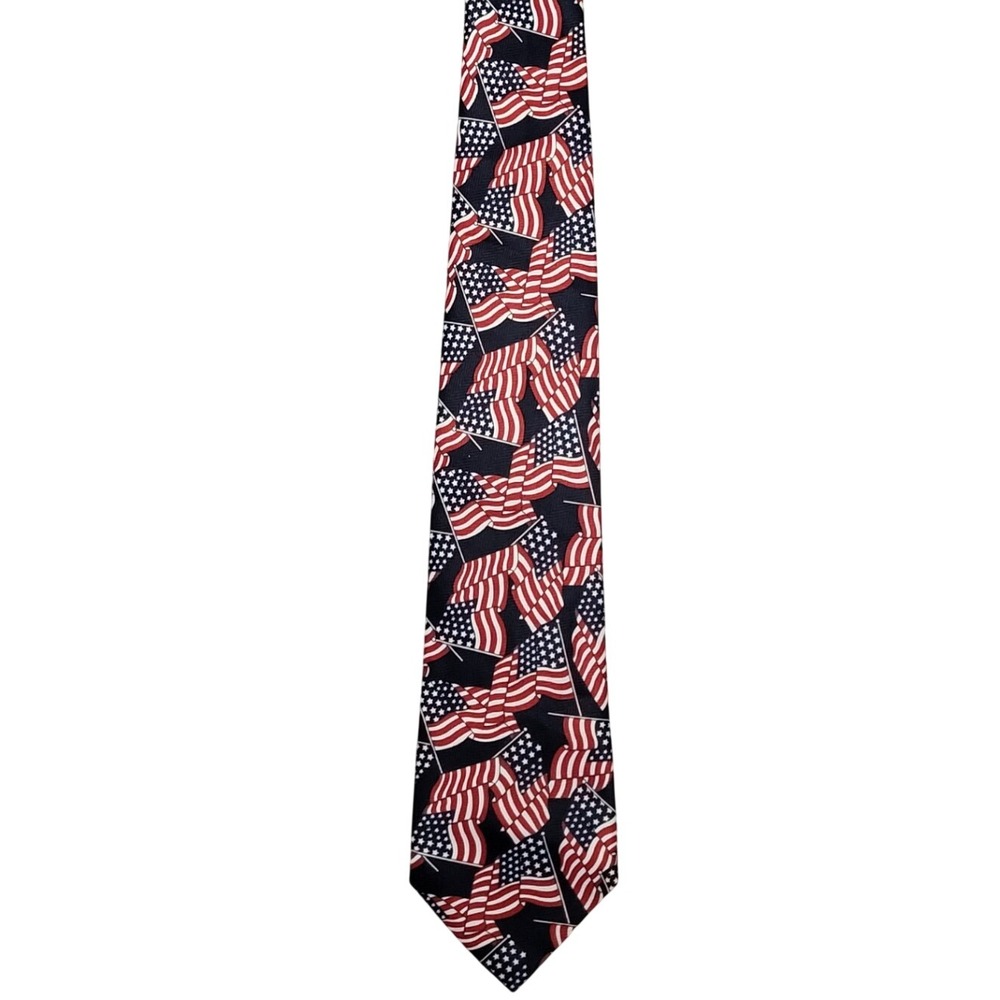 American Flag Tie Navy Blue Patriotic USA Herringbone Vintage Retro Parquet